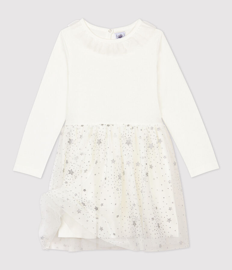 Vestido de manga larga de algod&oacute;n y tul de ni&ntilde;a blanco/gris